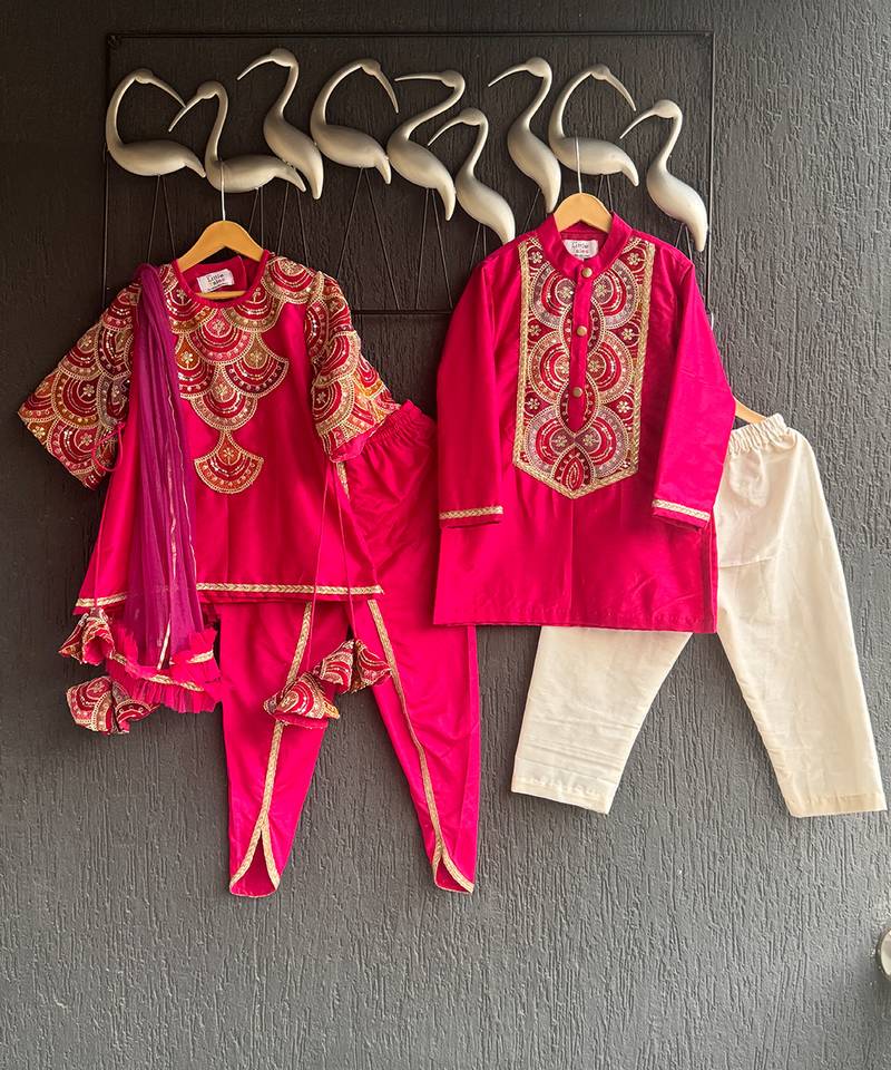 pink embroidered cotton silk kurta set for men