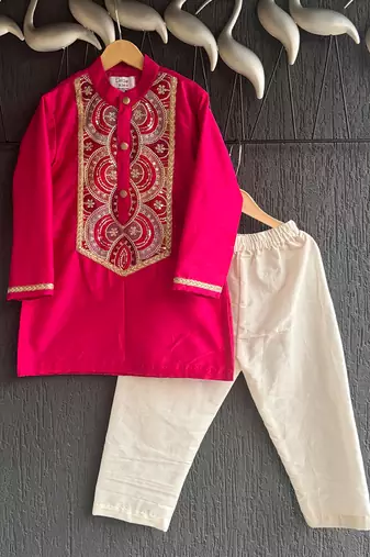 pink embroidered cotton silk kurta set for men