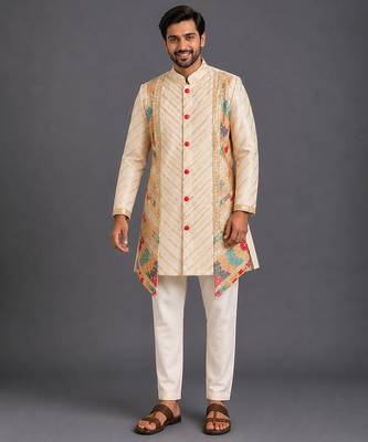 Off white embroidered cotton silk kurta set 1