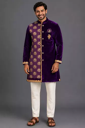 Purple embroidered cotton silk kurta set