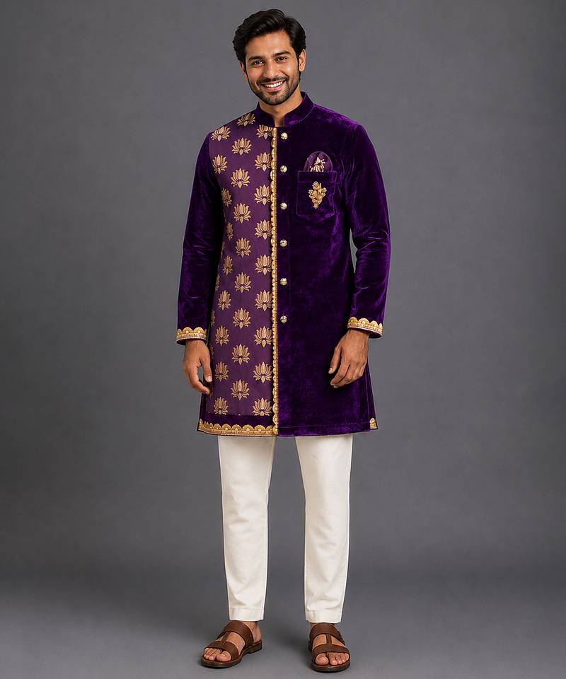 Purple embroidered cotton silk kurta set