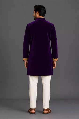 Purple embroidered cotton silk kurta set