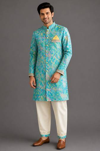 Aqua blue printed cotton silk Men Kurta Set