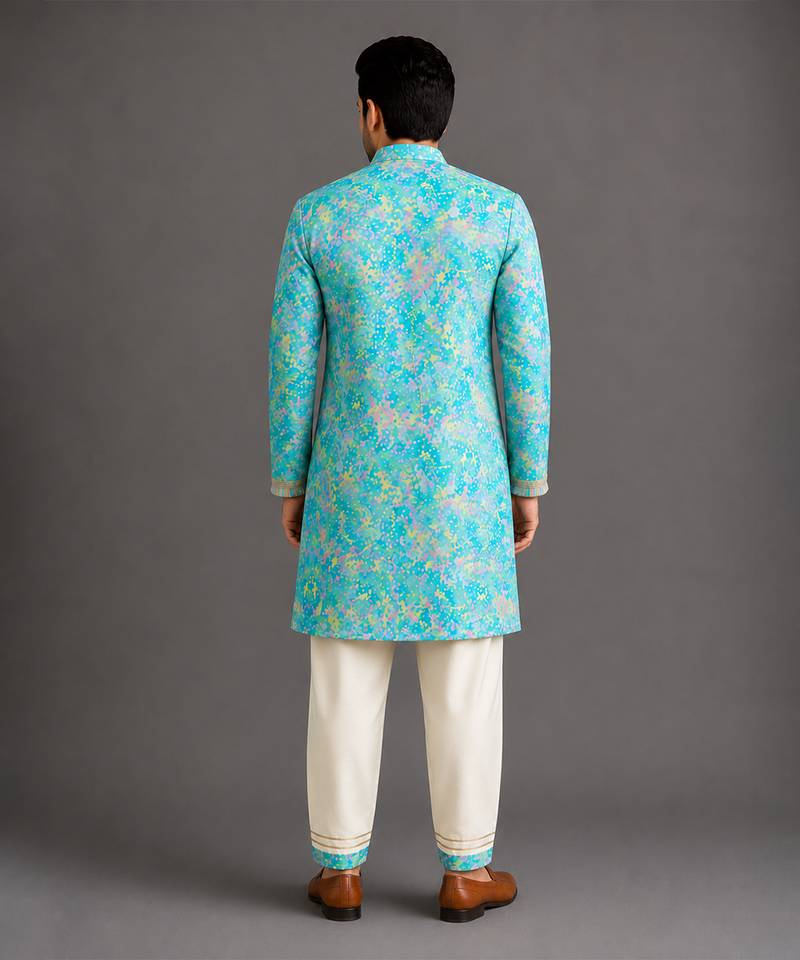 Aqua blue printed cotton silk Men Kurta Set