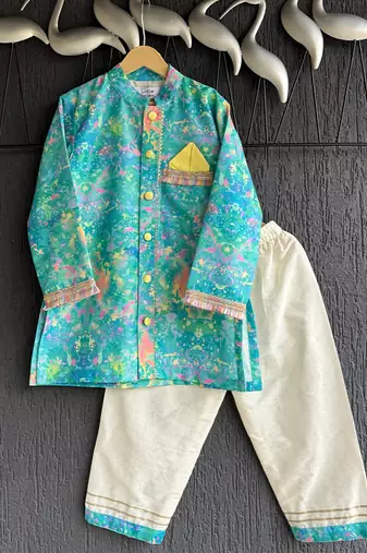 Aqua blue printed cotton silk Men Kurta Set