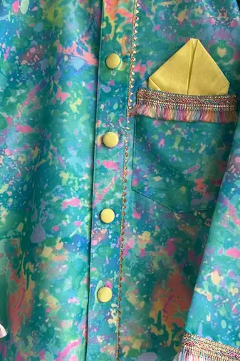 Aqua blue printed cotton silk Men Kurta Set