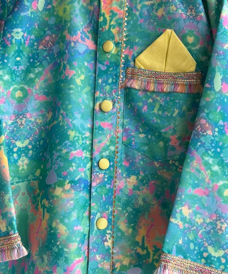 Aqua blue printed cotton silk Men Kurta Set
