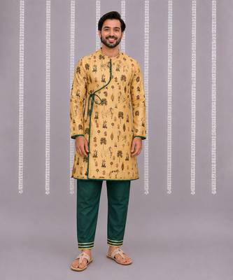 Beige printed cotton silk kurta set 1
