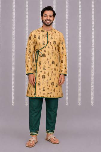 Beige printed cotton silk kurta set