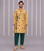 Beige printed cotton silk kurta set