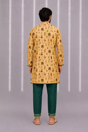 Beige printed cotton silk kurta set