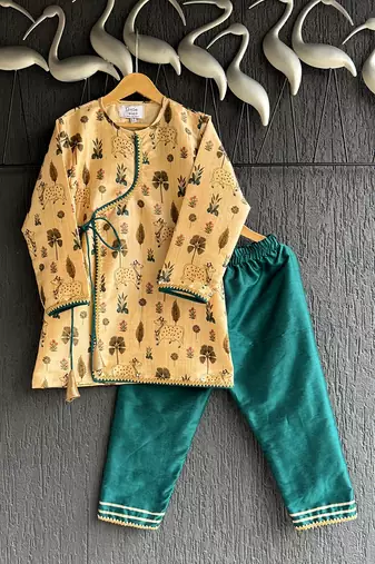 Beige printed cotton silk kurta set