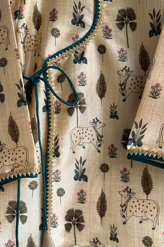 Beige printed cotton silk kurta set