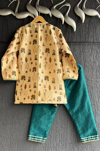 Beige printed cotton silk kurta set