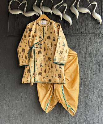 Beige printed cotton silk kurta set 7