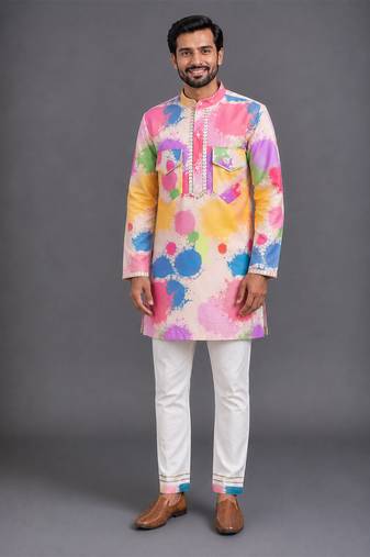 white cotton silk multicolor printed kurta set