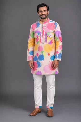 white cotton silk multicolor printed kurta set