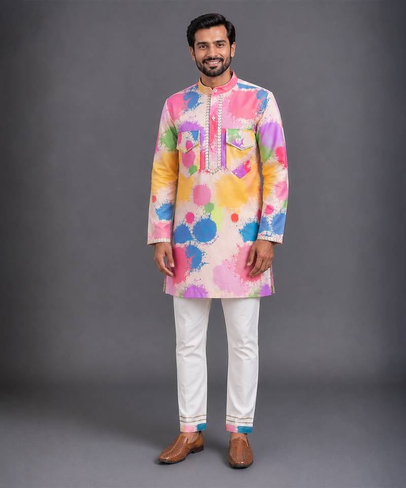 white cotton silk multicolor printed kurta set