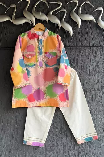 white cotton silk multicolor printed kurta set