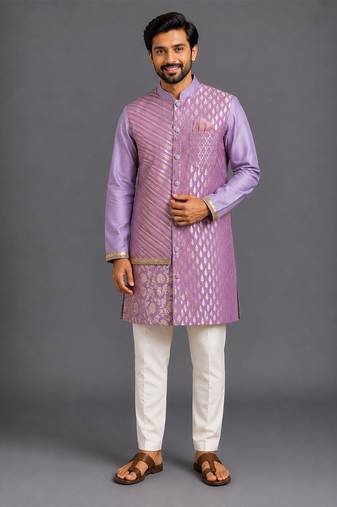 Purple embroidered cotton silk Men Kurta Set