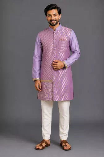 Purple embroidered cotton silk Men Kurta Set