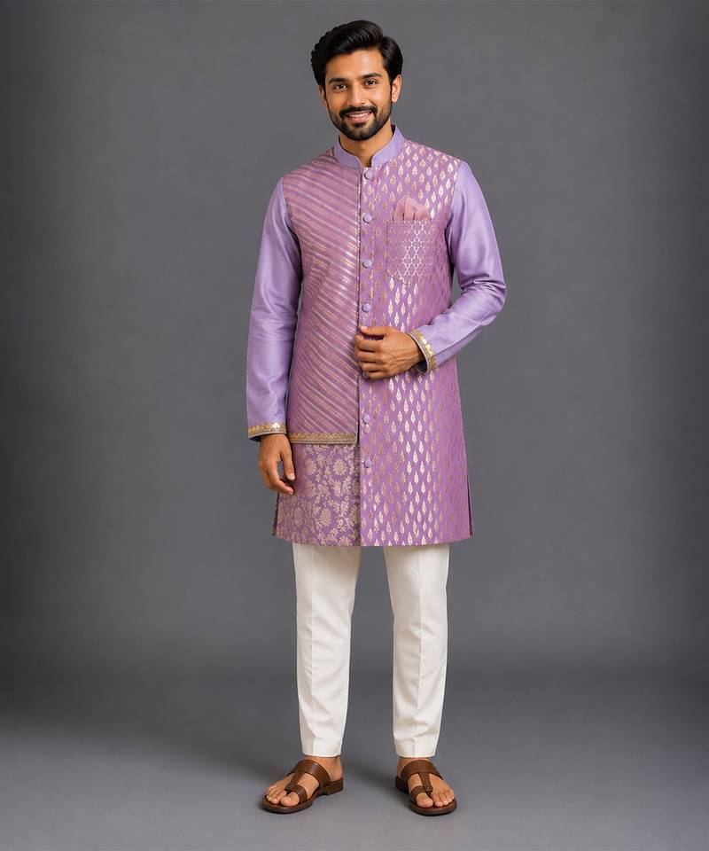 Purple embroidered cotton silk Men Kurta Set