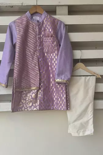 Purple embroidered cotton silk Men Kurta Set