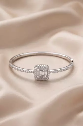 925 sterling Silver Crystal Square Design Bangle Bracelet for Women
