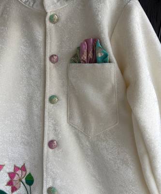 Off white embroidered cotton silk bandhgala set 1