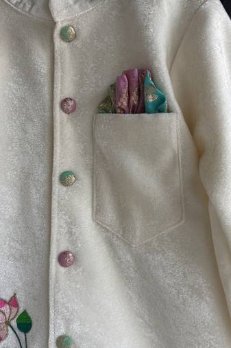 Off white embroidered cotton silk bandhgala set