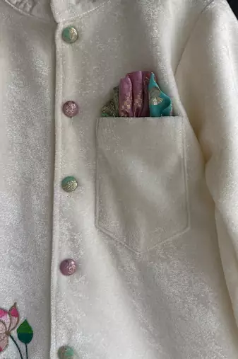 Off white embroidered cotton silk bandhgala set