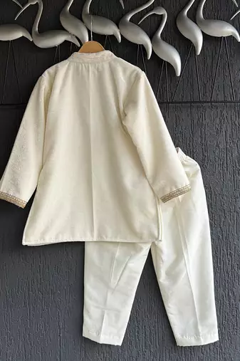 Off white embroidered cotton silk bandhgala set