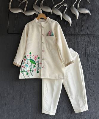 Off white embroidered cotton silk bandhgala set 4