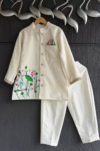 Off white embroidered cotton silk bandhgala set