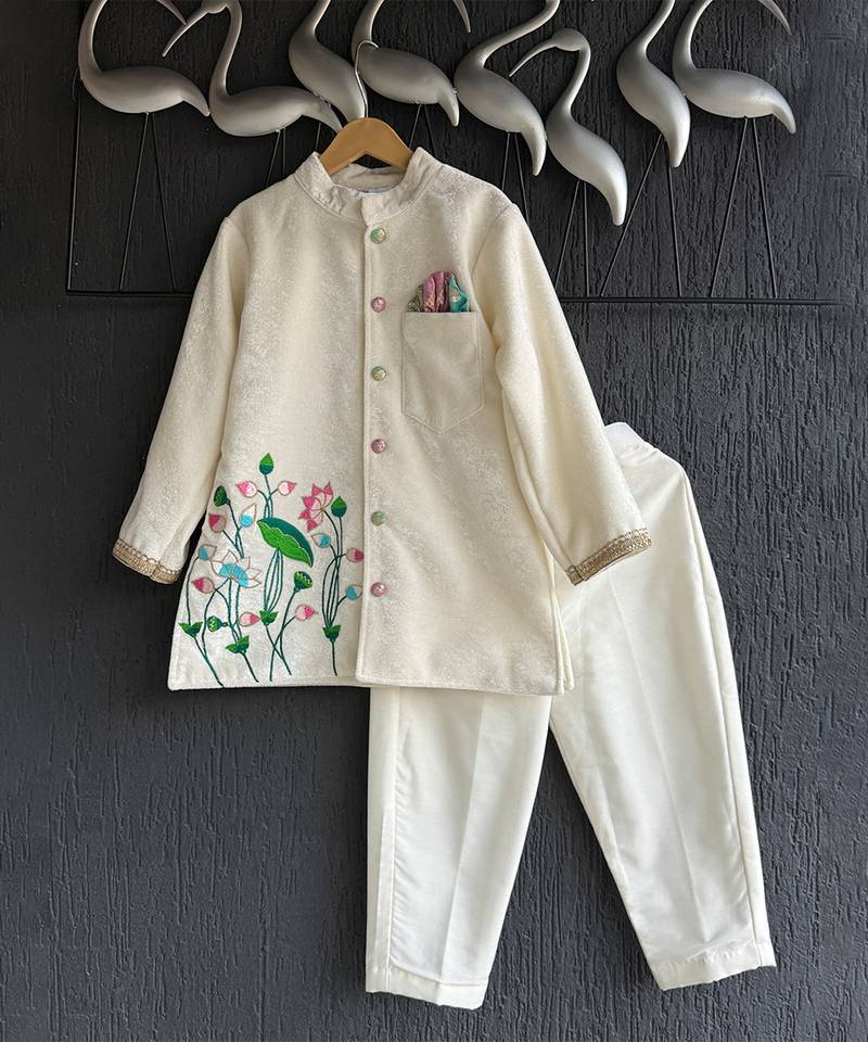 Off white embroidered cotton silk bandhgala set