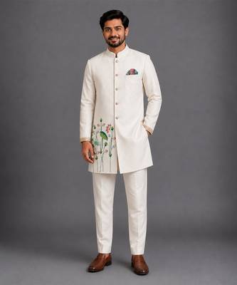 Off white embroidered cotton silk bandhgala set 5