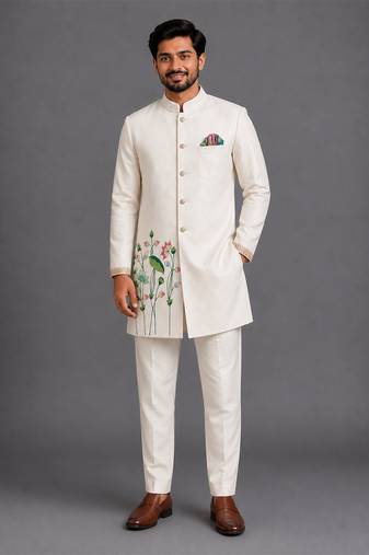 Off white embroidered cotton silk bandhgala set