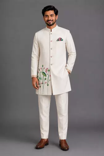 Off white embroidered cotton silk bandhgala set