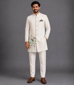 Off white embroidered cotton silk bandhgala set