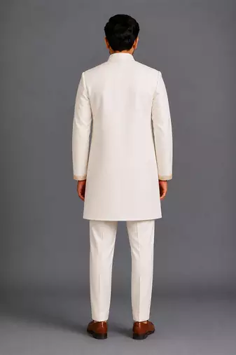 Off white embroidered cotton silk bandhgala set