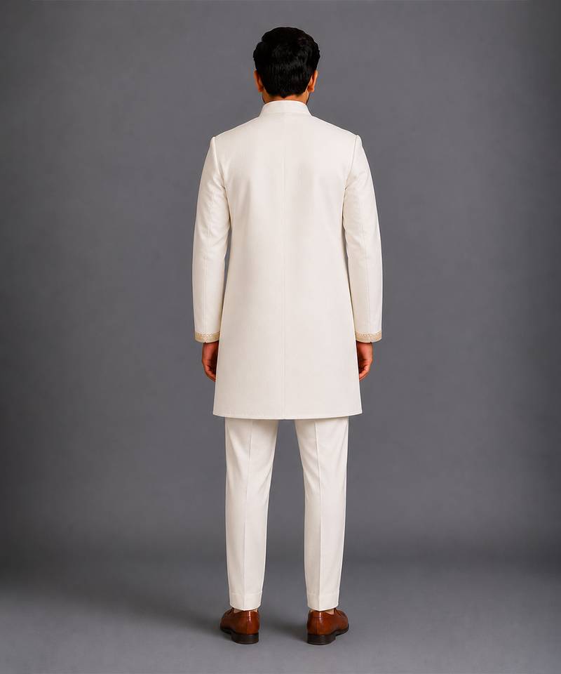Off white embroidered cotton silk bandhgala set