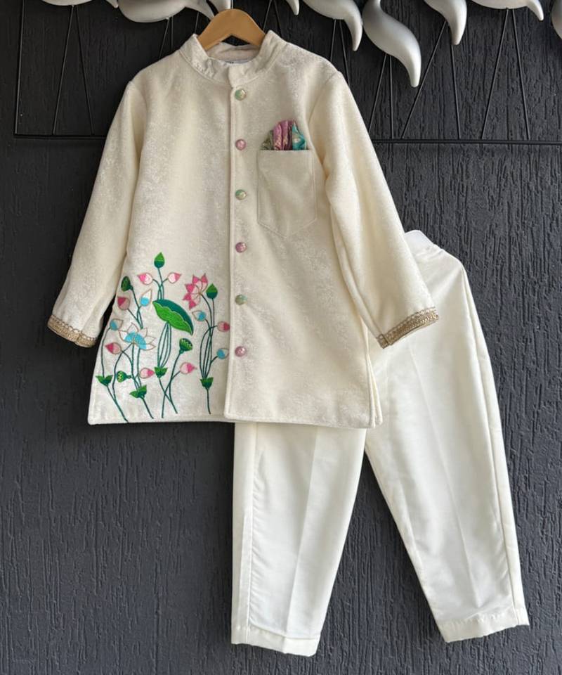 Off white embroidered cotton silk bandhgala set