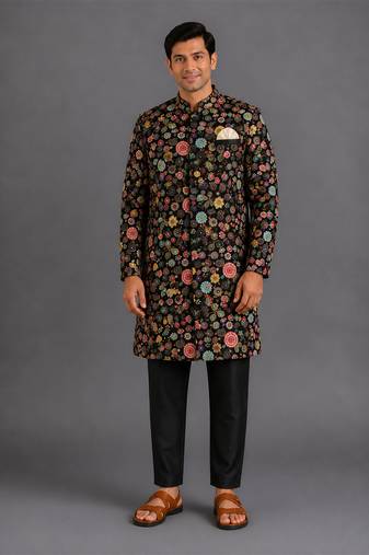 black cotton silk embroidered bandhgala pant set