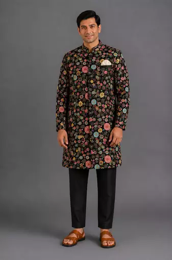 black cotton silk embroidered bandhgala pant set