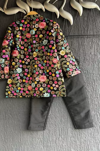 black cotton silk embroidered bandhgala pant set