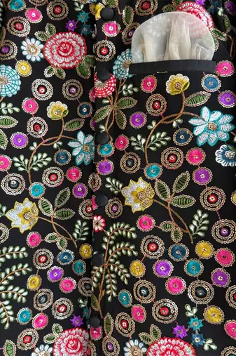 black cotton silk embroidered bandhgala pant set