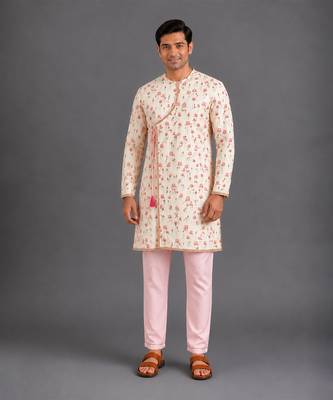Pink printed cotton silk kurta set 1