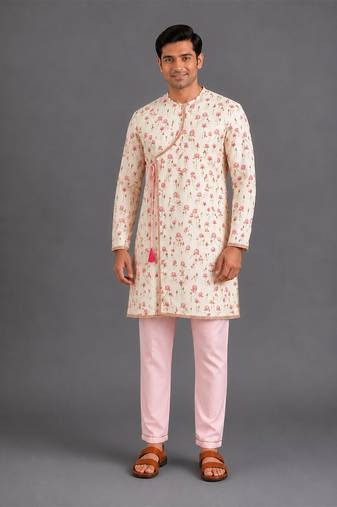 Pink printed cotton silk kurta set