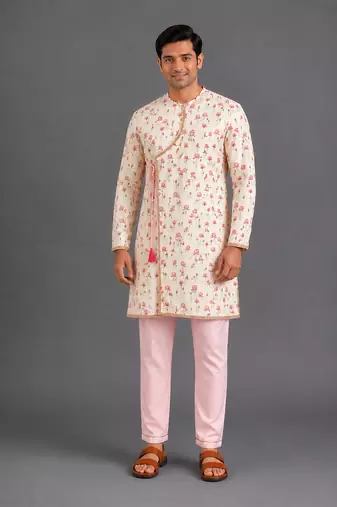 Pink printed cotton silk kurta set