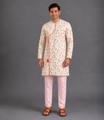 Pink printed cotton silk kurta set